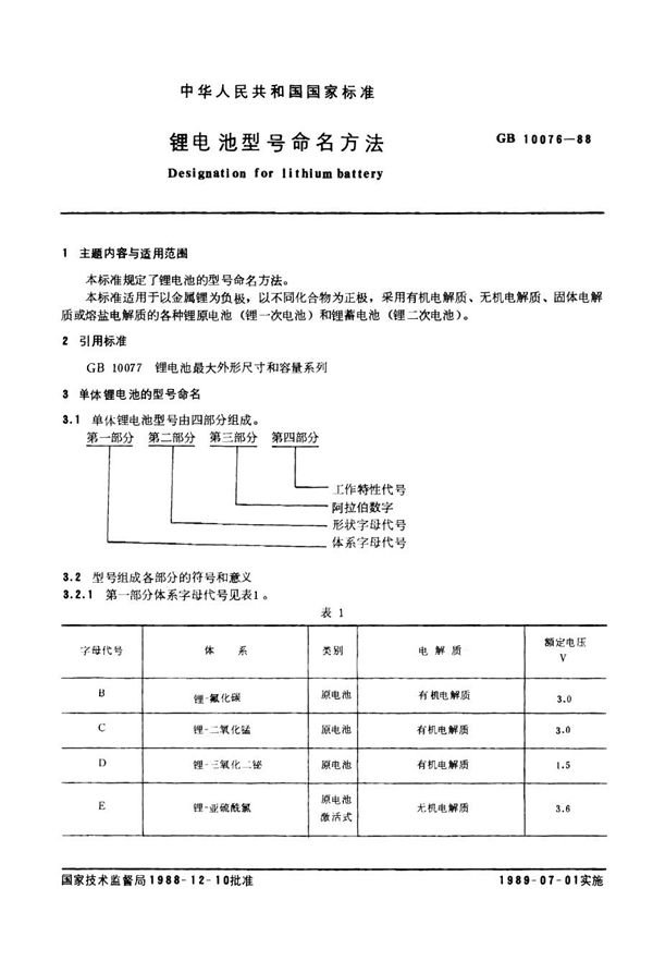 GB 10076-1988 锂电池型号命名方法