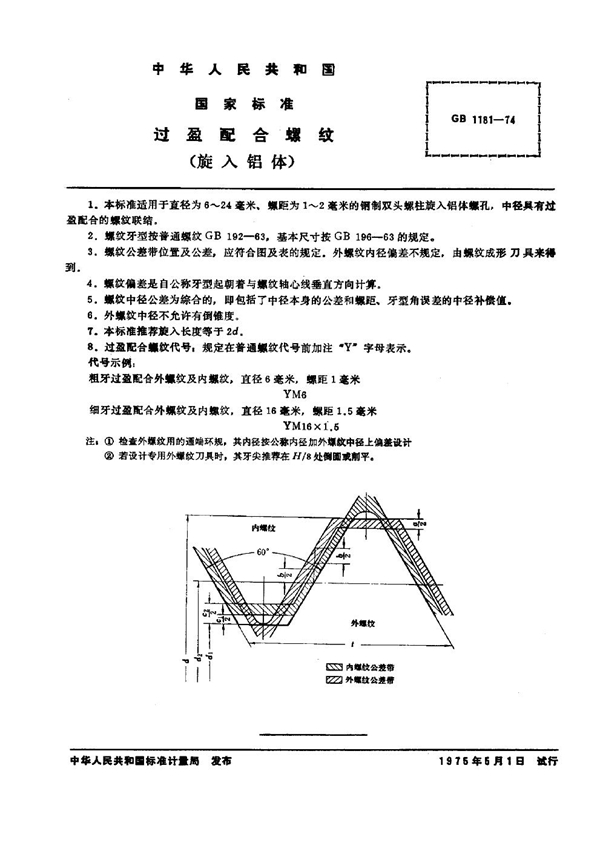 GB 1181-1974 过盈配合螺纹(旋入铝体)