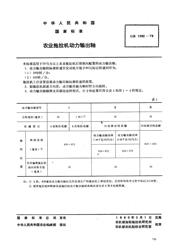 GB 1592-1979 农业拖拉机动力输出轴