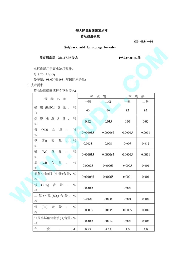GB 4554-1984 蓄电池用硫酸