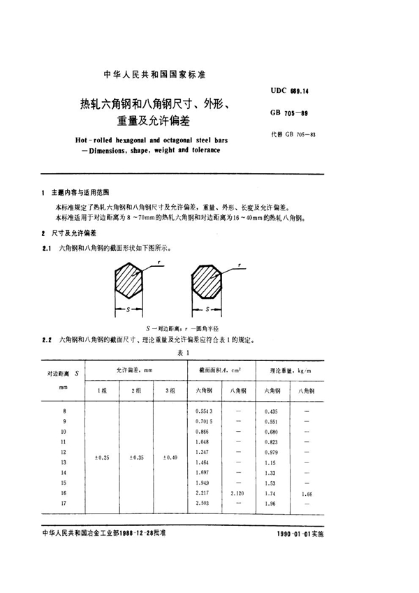 GB 705-1989 热轧六角钢和八角钢尺寸、外形、重量及允许偏差
