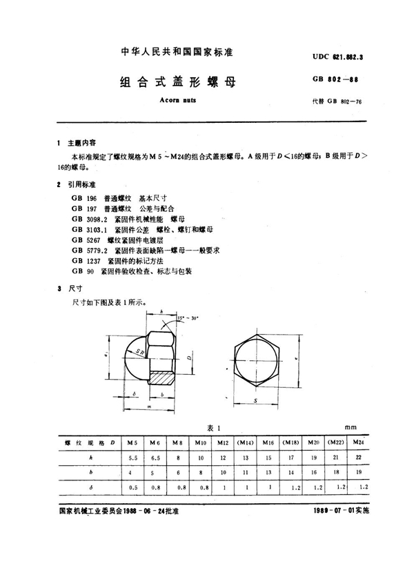 GB 802-1988 组合式盖形螺母