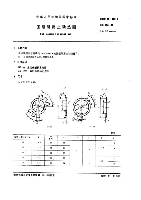 GB 858-1988 圆螺母用止动垫圈