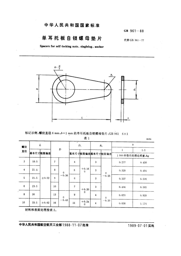 GB 961-1988 单耳托板自锁螺母垫片