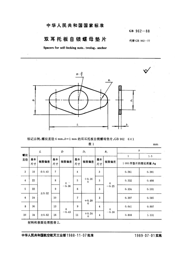 GB 962-1988 双耳托板自锁螺母垫片