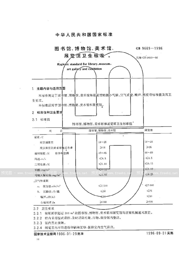 GB 9669-1996 图书馆、博物馆、美术馆、展览馆卫生标准
