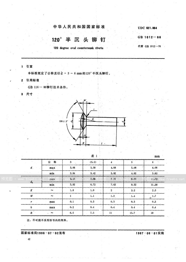 GB/T 1012-1986 120°半沉头铆钉