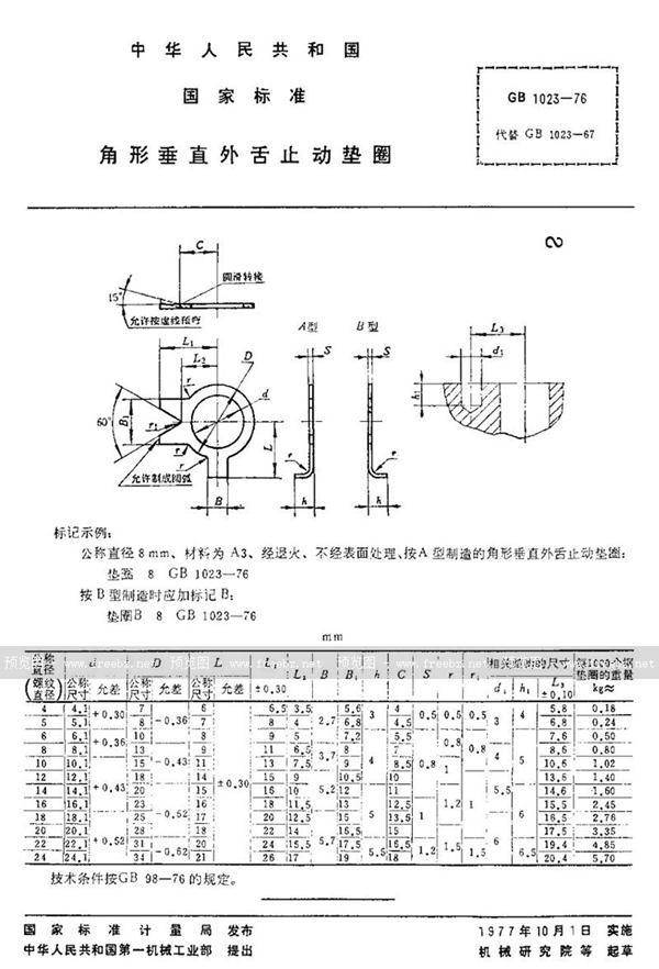 GB/T 1023-1976 角形垂直外舌止动垫圈