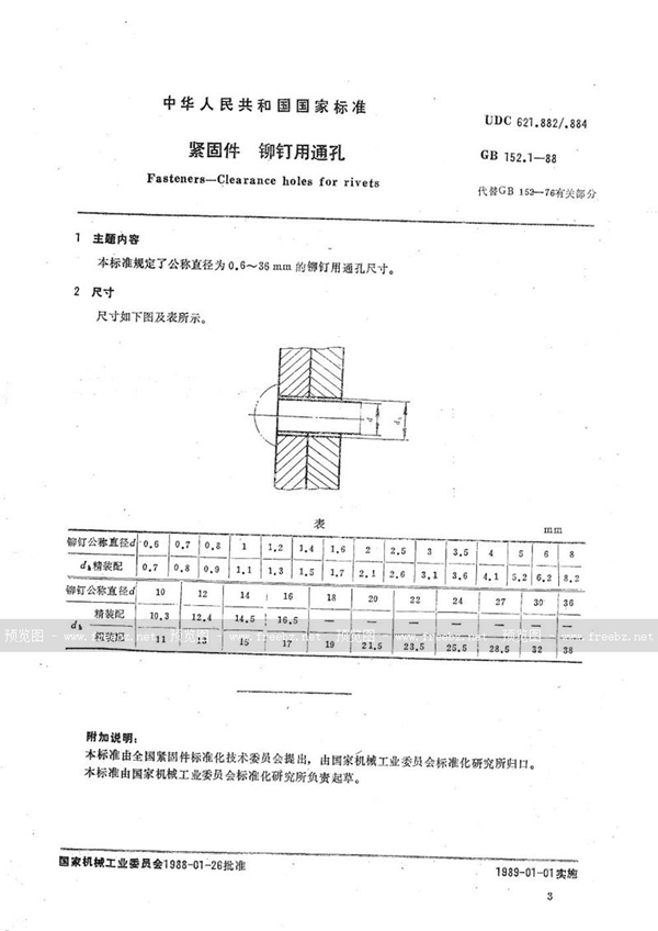 GB/T 152.1-1988 紧固件 铆钉用通孔