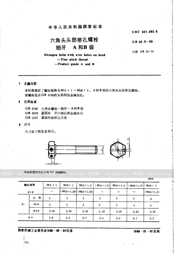 GB/T 32.3-1988 六角头头部带孔螺栓 细牙 A和B级