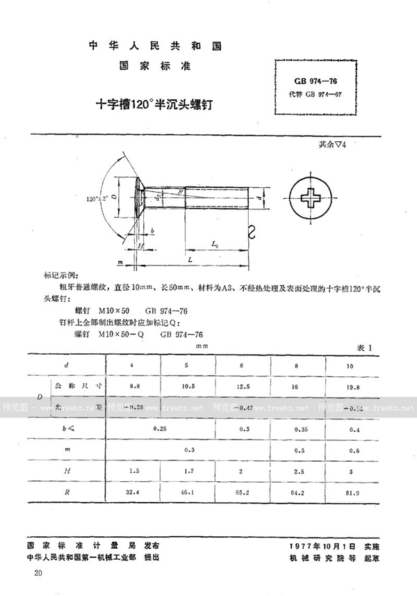 GB/T 974-1976 十字槽120°半沉头螺钉