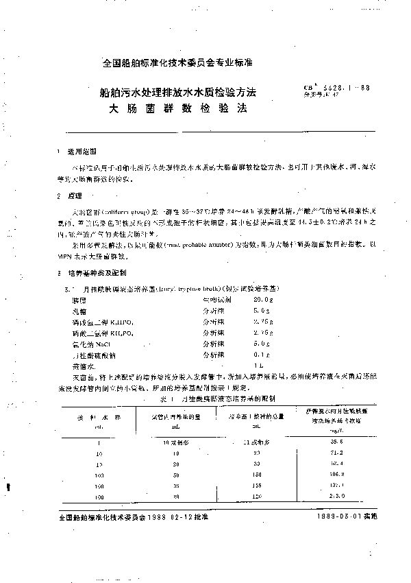 CB 3328.1-1988 船舶污水处理排放水水质检验方法 大肠杆菌数检验法