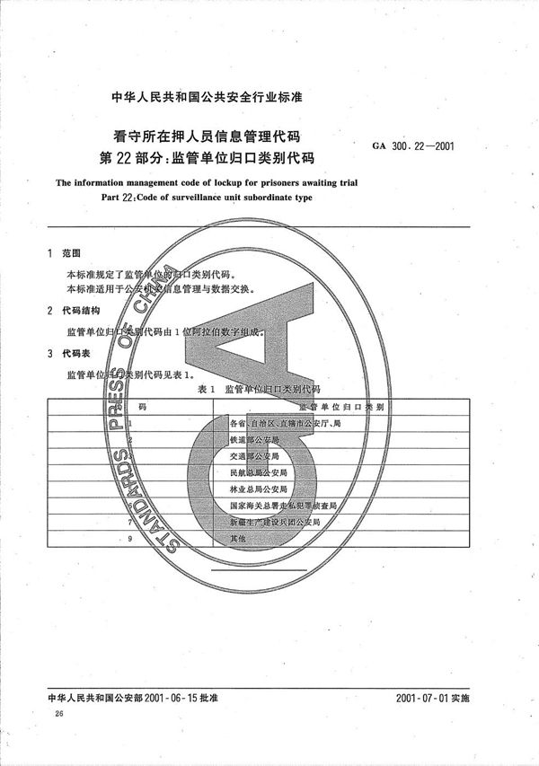 GA 300.22-2001 看守所在押人员信息管理代码 第22部分:监管单位归口类别代码