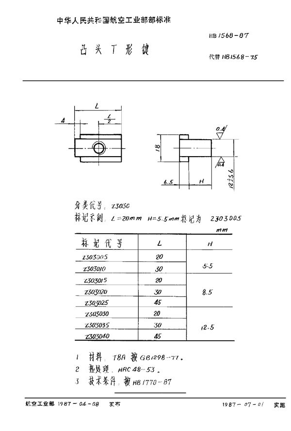 HB 1568-1987 凸头T形键