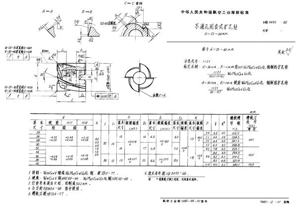 HB 3490-1985 不通孔用套式扩孔钻 d＝25～80mm