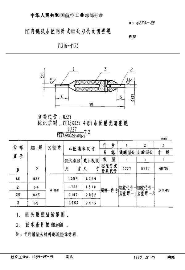 HB 4224-1989 MJ内螺纹小径用针式量头双头光滑塞规 MJ1.6～MJ3