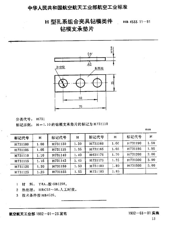 HB 4533.11-1991 H型孔系组合夹具钻模类件 钻模支承垫片