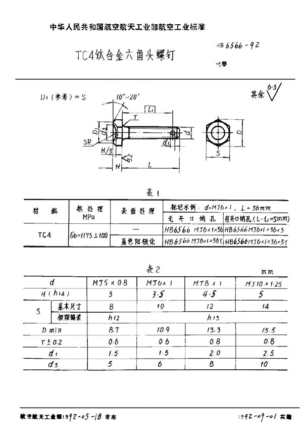 HB 6566-1992 TC4钛合金六角头螺钉