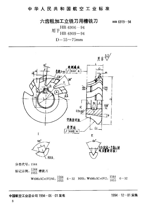 HB 6919-1994 六齿粗加工立铣刀用槽铣刀