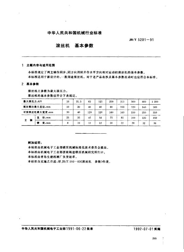 JB 5201-1991 滚丝机基本参数