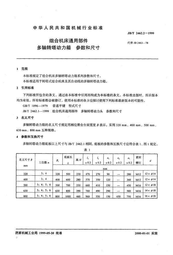 JB/T 2462.2-1999 组合机床通用部件  多轴转塔动力箱  参数和尺寸