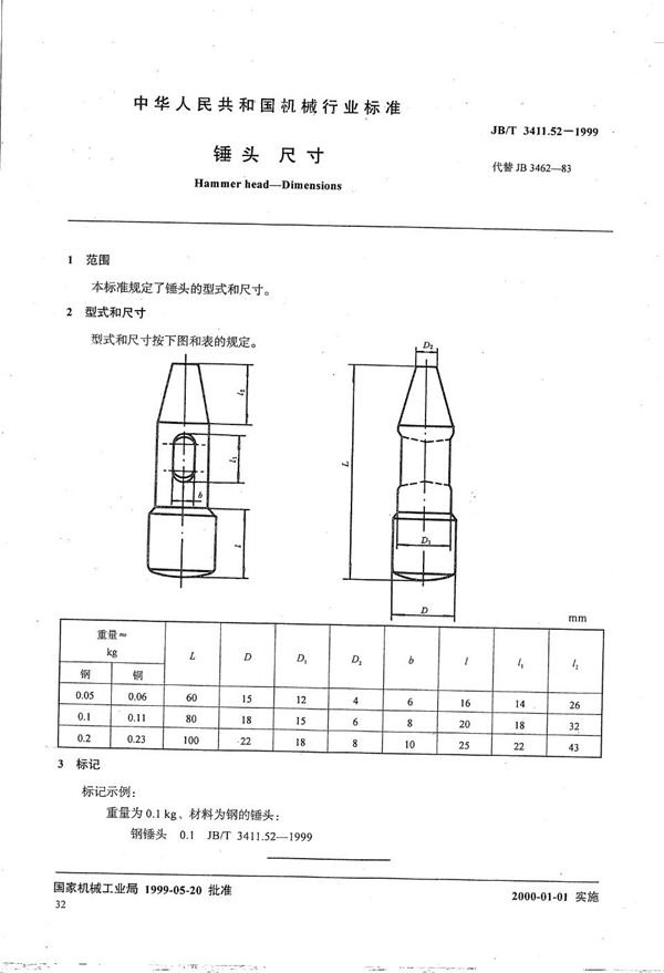 JB/T 3411.52-1999 锤头 尺寸