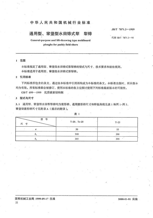 JB/T 7871.3-1999 通用型、窜垡型水田铧式犁 犁铧
