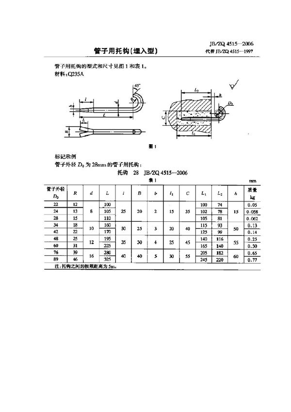 JB/ZQ 4515-2006 管子用托钩(埋入型)