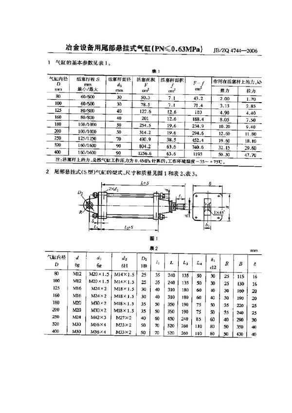 JB/ZQ 4744-2006 冶金设备用尾部悬挂式气缸(PN≤0.63MPa)