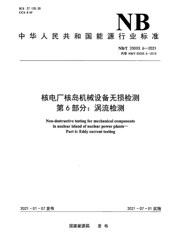 NB/T 20003.6-2021 核电厂核岛机械设备无损检测  第6部分：涡流检测