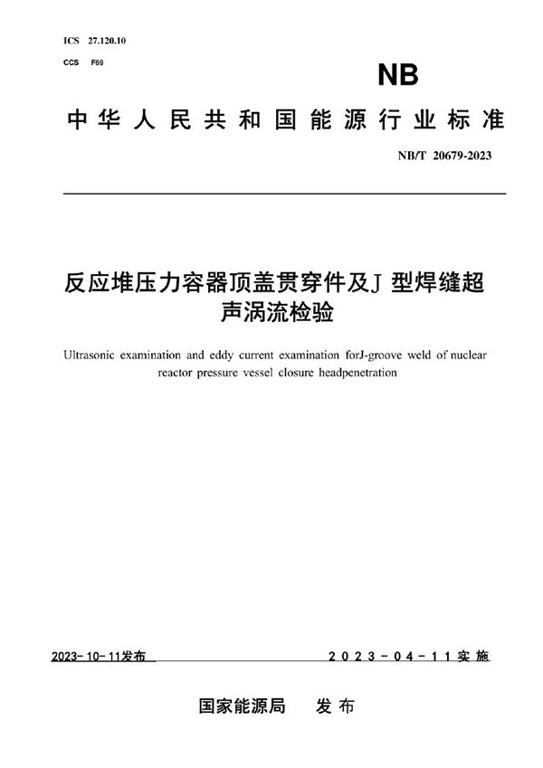 NB/T 20679-2023 反应堆压力容器顶盖贯穿件 J 型焊缝超声及涡流检验