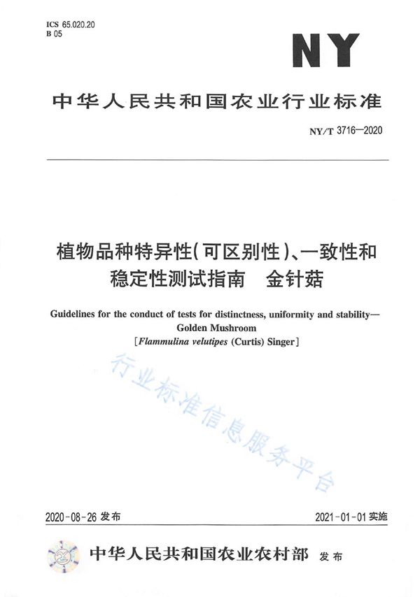 NY/T 3716-2020 植物品种特异性(可区别性)、一致性和稳定性测试指南金针菇