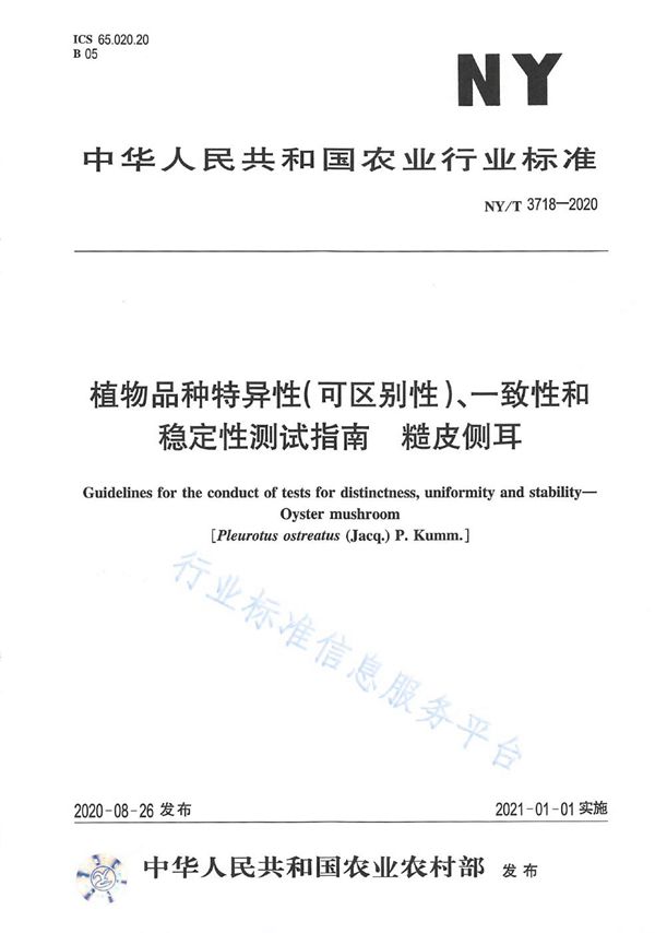 NY/T 3718-2020 植物品种特异性(可区别性)、一致性和稳定性测试指南糙皮侧耳