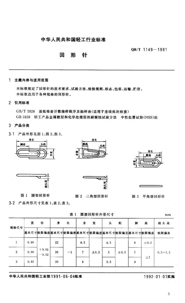 QB/T 1149-1991 回形针