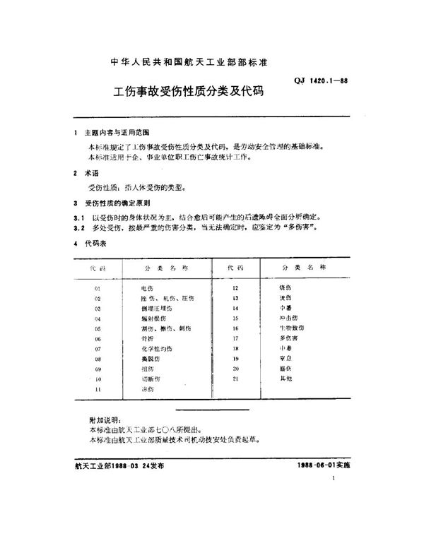 QJ 1420.1-1988 工伤事故分类及代码 工伤事故受伤性质分类及代码