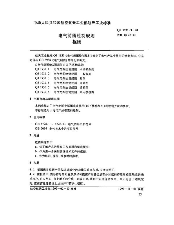 QJ 1931.3-1990 电气简图绘制规则 框图