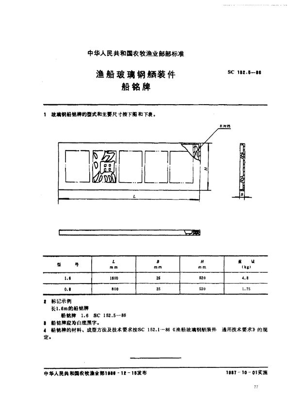 SC 152.5-1986 渔船玻璃钢舾装件 船铭牌