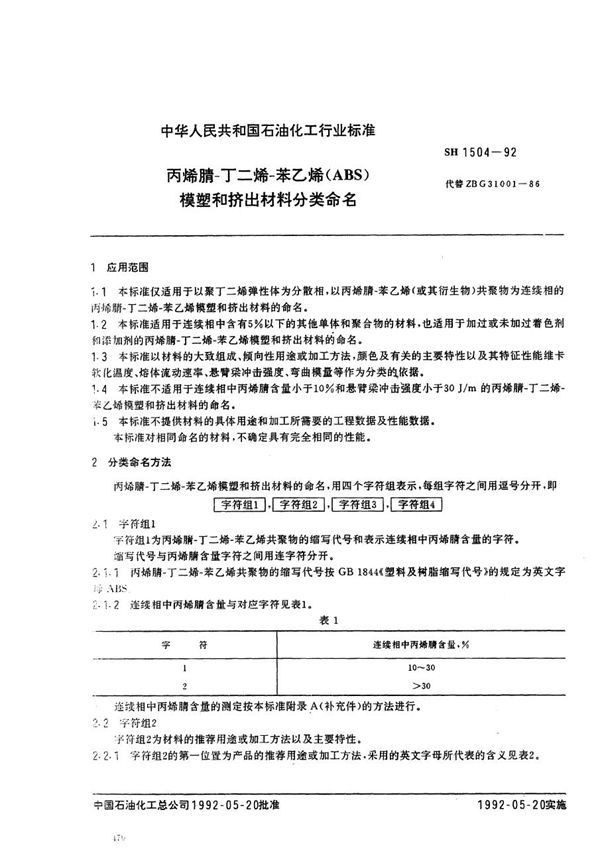 SH 1504-1992 丙烯腈-丁二烯-苯乙烯（ABS）模塑和挤出料命名