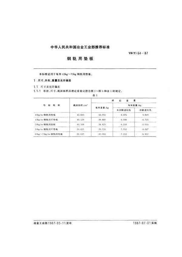 YB(T) 64-1987 钢轨用垫板