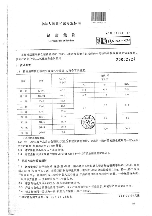 YS/T 300-1994 锗富集物