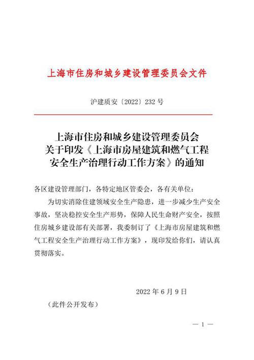 上海市房屋建筑和燃气工程安全生产治理行动工作方案 沪建质安2022 232号