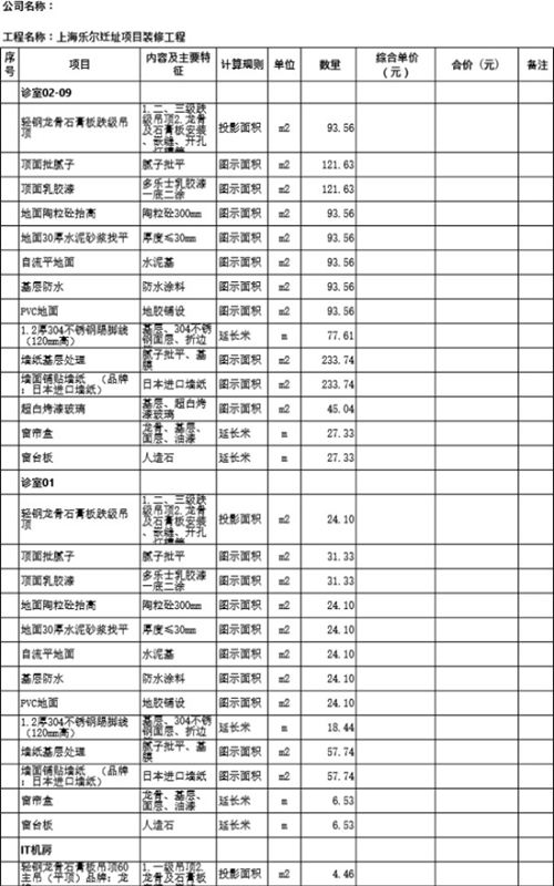 医院装修工程量清单