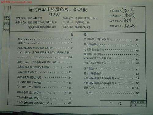 陕西省 陕2004J299 加气混凝土轻质条板 保温板图集 地方规范图集