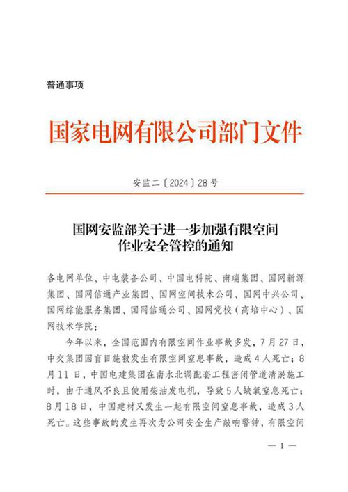 国网安监部关于进一步加强有限空间作业安全管控的通知 安监二202428号