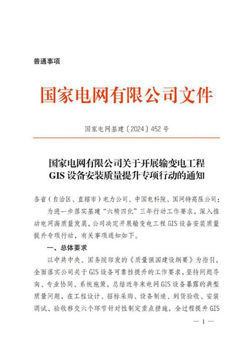 国家电网基建2024452号　国家电网有限公司关于开展输变电工程GIS设备安装质量提升专项行动的通知