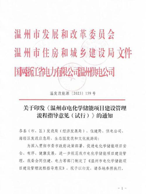 温州市电化学储能项目建设管理流程指导意见