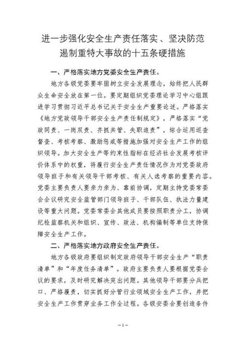 进一步强化安全生产责任落实 坚决防范遏制重特大事故的十五条硬措施(新华社)