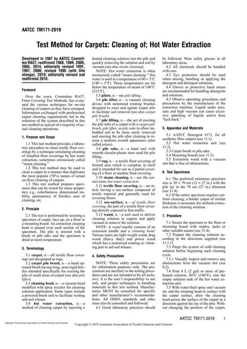 AATCC 171-2019 Test Method for Carpets Cleaning of; Hot Water ...
