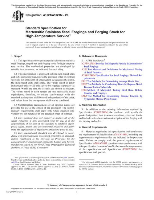 ASTM A1021 A1021M-20 高温用马氏体不锈钢锻件和锻坯的标准规范