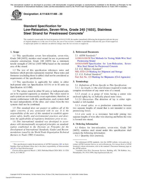 ASTM A1114 A1114M-20 预应力混凝土用240(1655)级七线低松弛不锈钢绞线的标准规范